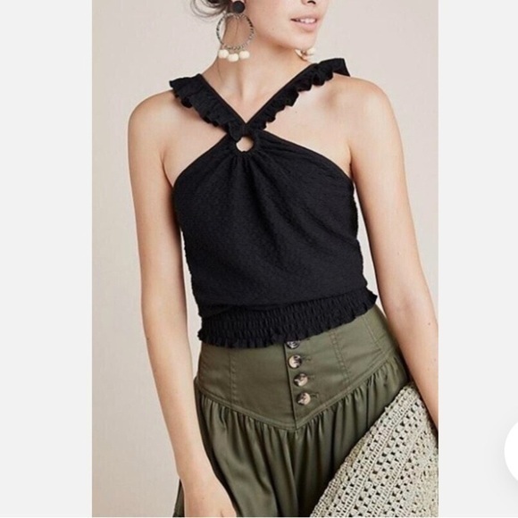 Anthropologie Black Smocked Halter Top NWT Keyhole Neck Ruffle Trim Size Large - Picture 1 of 9